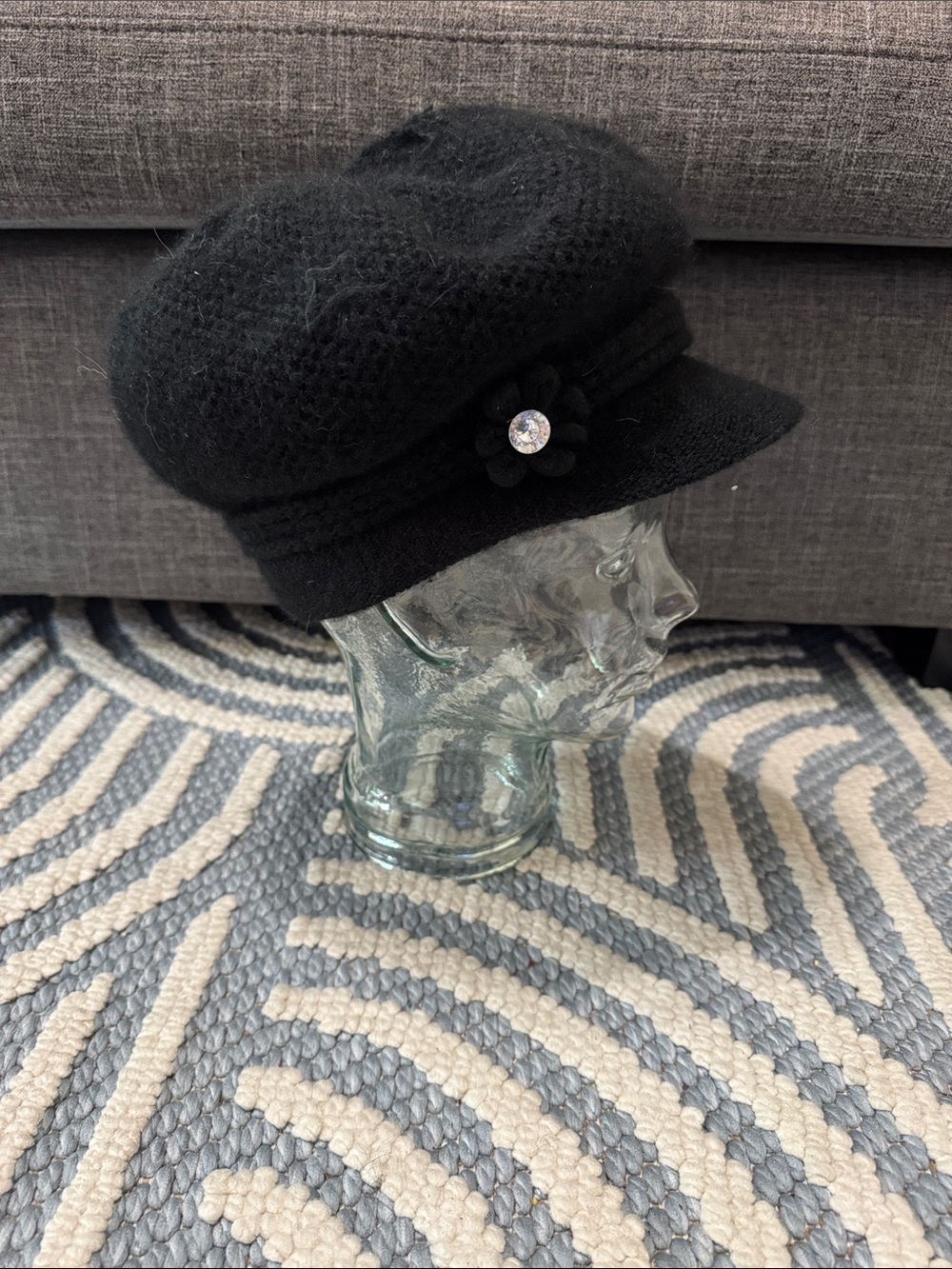 Y2K Black Angora Fuzzy Newsboy Cap Rhinestone Flower Hat